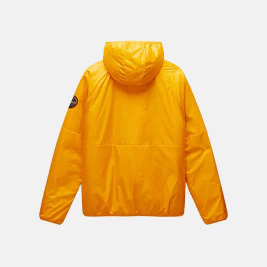 Napapijri A-Thur orange jacket with a hood and zipper, shown on a hanger, featuring a vibrant color and casual outdoor style.