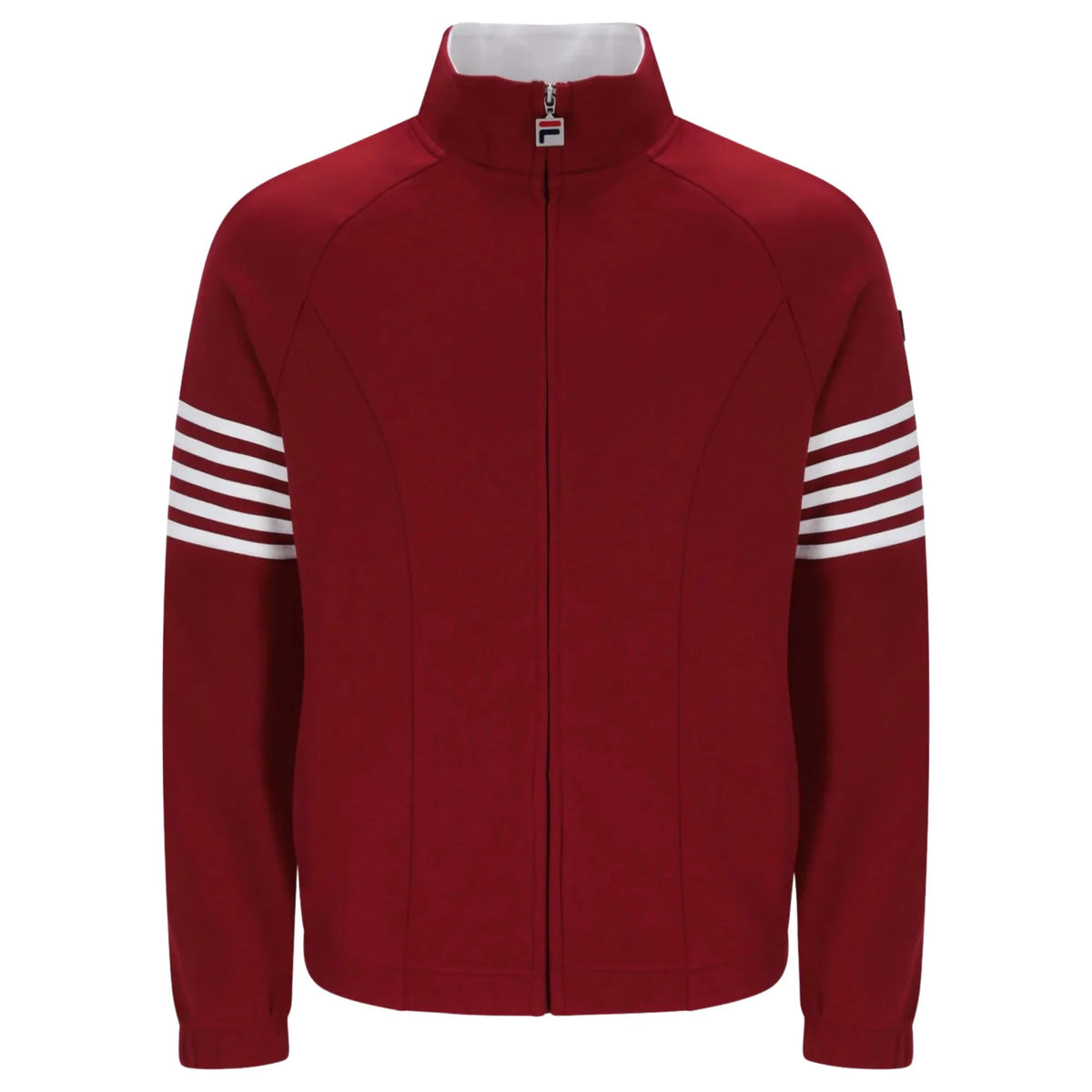 Fila Vintage Patrice cut and sew 5 stripe track top in deep red and white, featuring classic sporty design and bold color blocking.