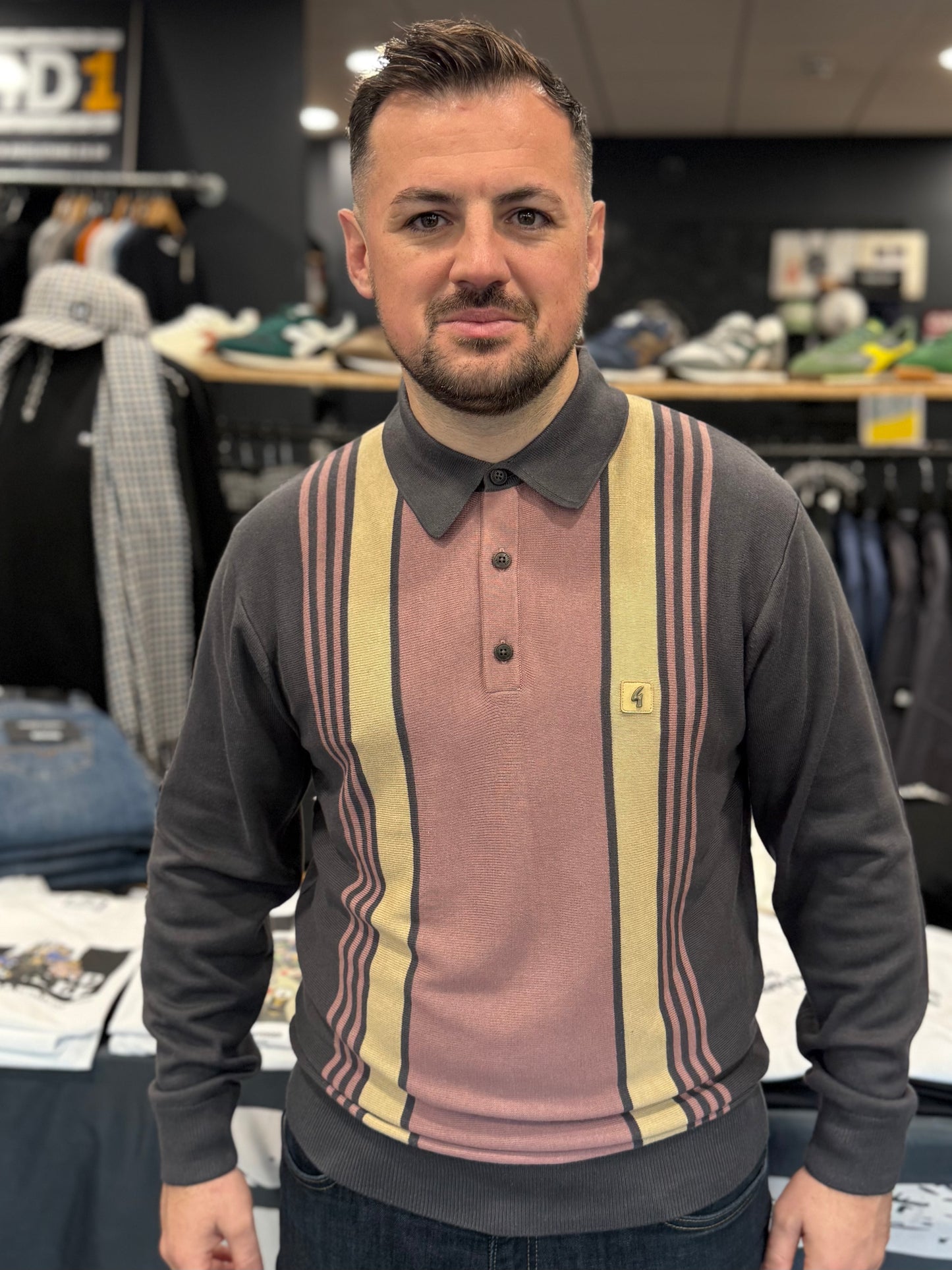 Gabicci Vintage Searle Stripe Knitted Polo Charcoal