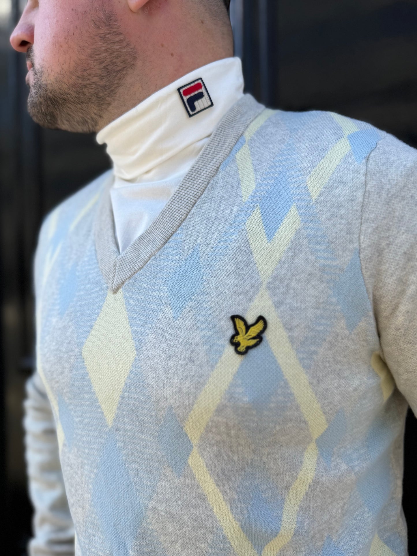 Lyle & Scott Cotton Argyle V Neck Jumper Light Grey Marl/ Opal Blue