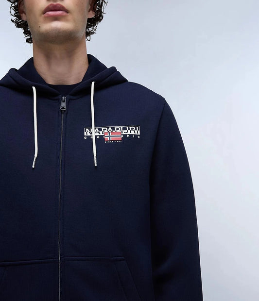 Napapijri B-Aylmer Zip Hood navy jumper with front zipper and adjustable hood, casual outdoor style.