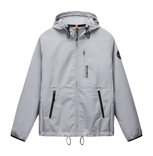 Grey Napapijri Tundra Jacket displayed on a mannequin, showcasing its outdoor-ready design and durable fabric.