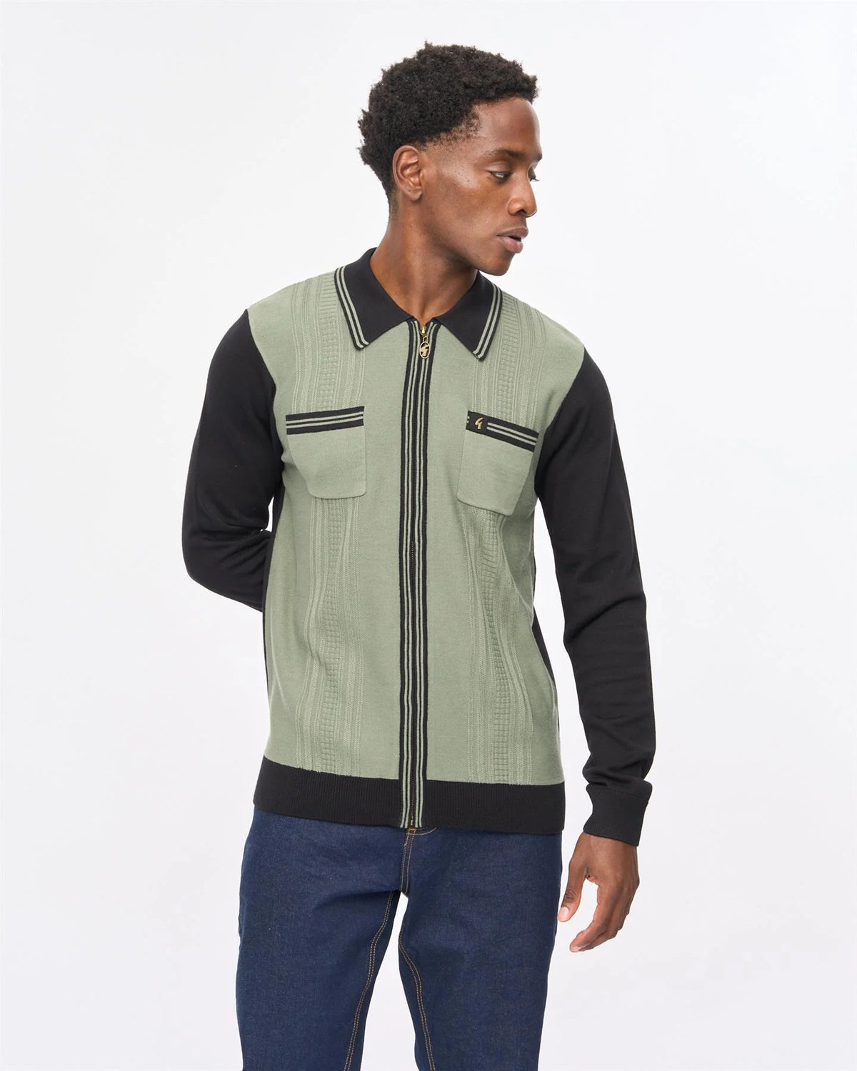 Gabicci Vintage Lucerne Long Sleeve Zip Knitted Polo Black