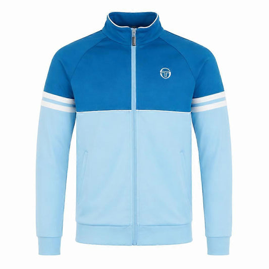 Sergio Tacchini Orion track top in Mykonos Blue, Baltic Sea, and Gardenia, featuring sporty design and color-block details.