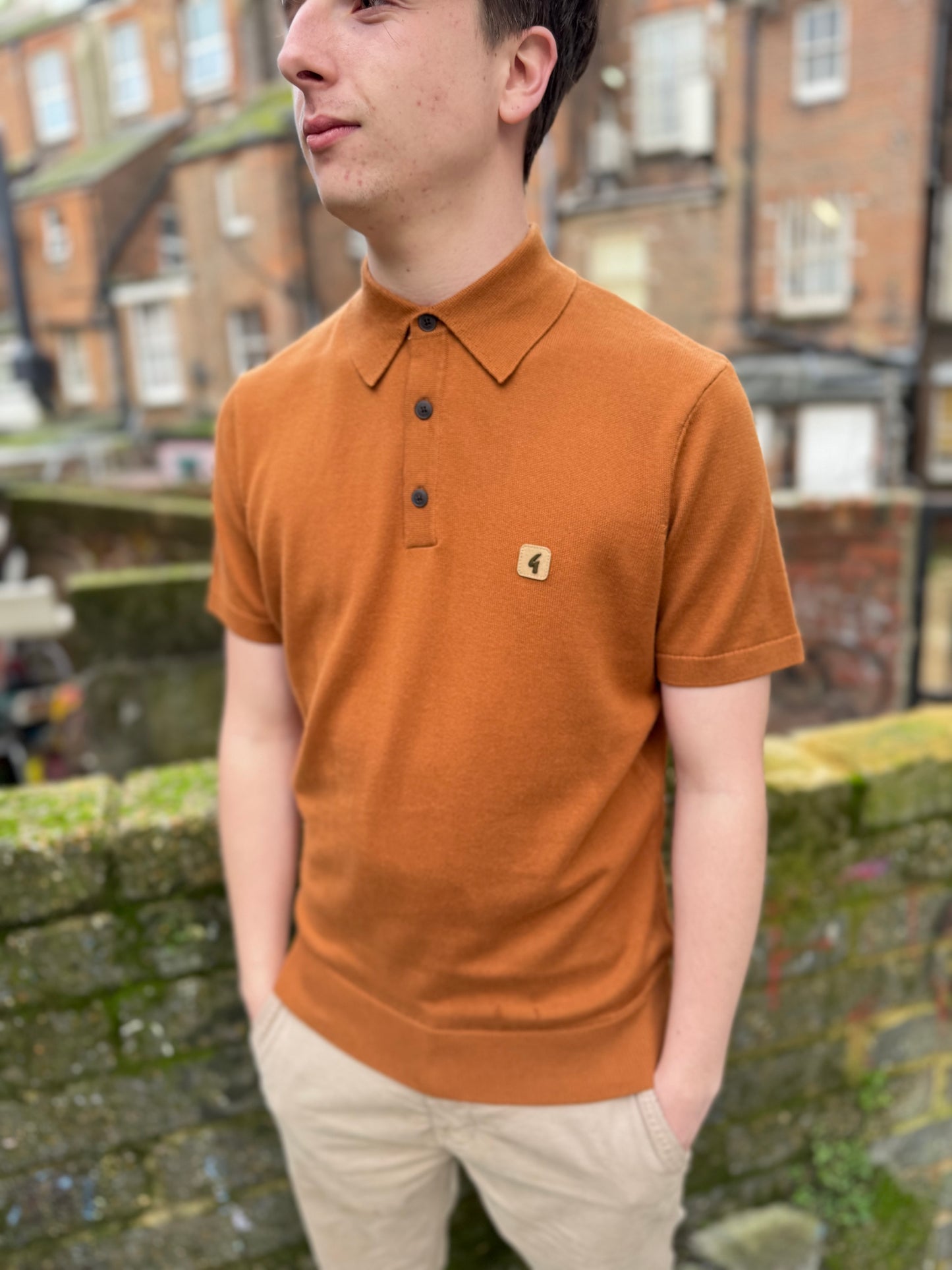 Gabicci Vintage Jackson Short Sleeve Plain Knitted Polo Walnut