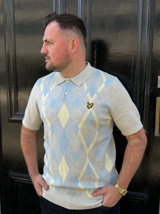 Lyle & Scott Cotton Argyle Short Sleeve Knitted Polo Light Grey Marl/ Opal Blue