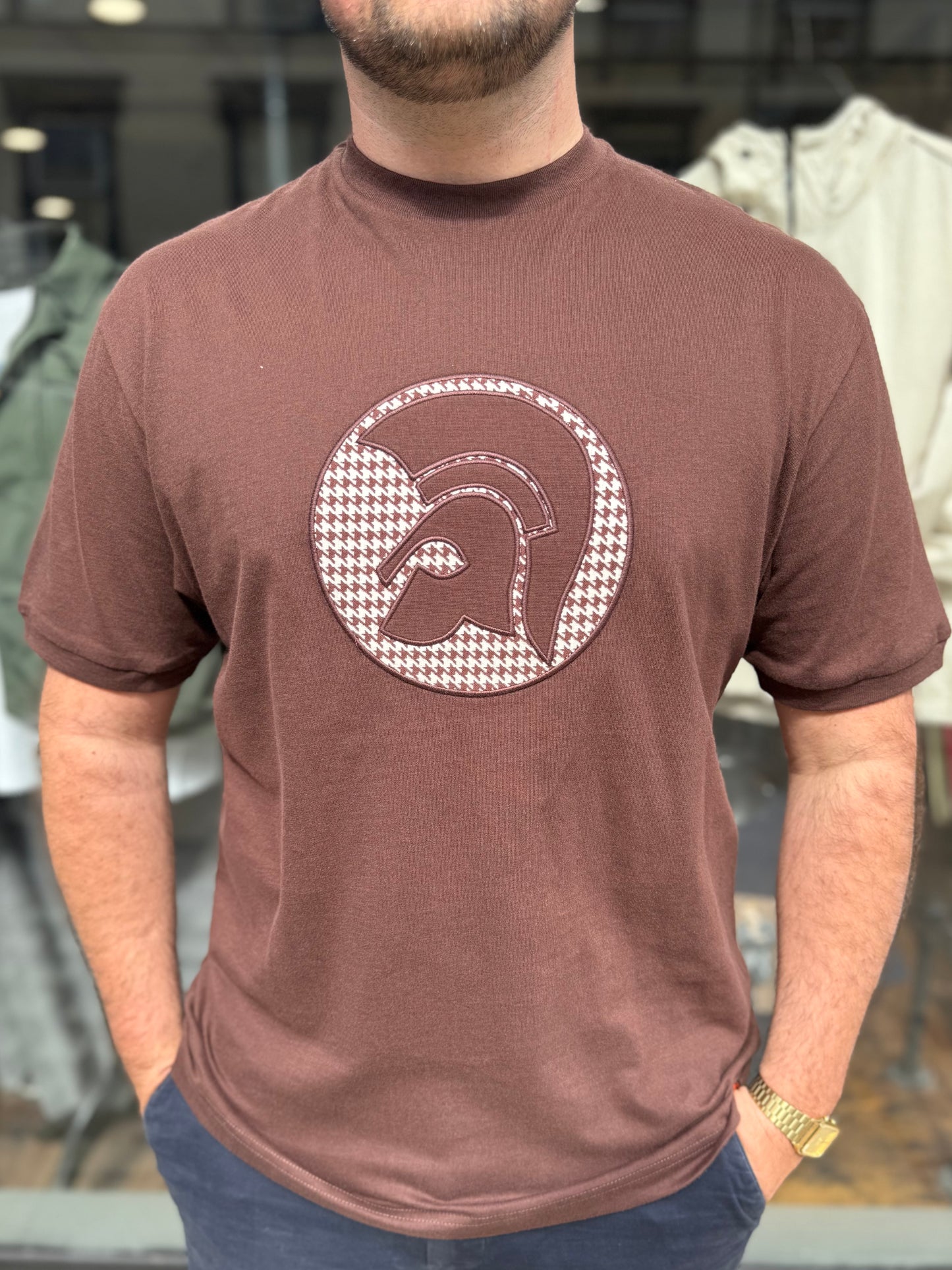 Trojan Applique Houndstooth Jacquard Tee Chocolate
