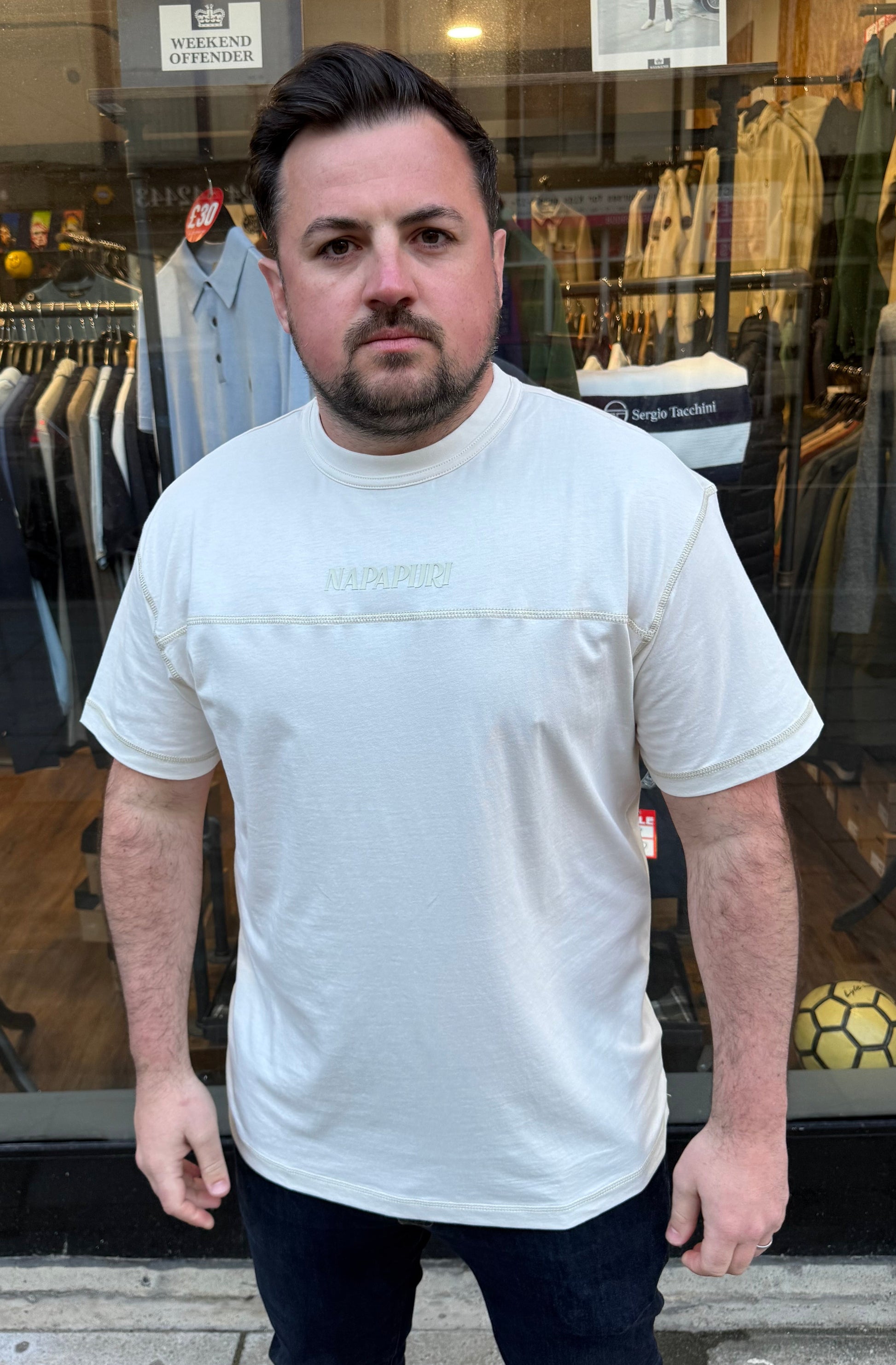 White Napapijri S-Umbra T-Shirt laid flat, showcasing its casual fit and minimalist design.