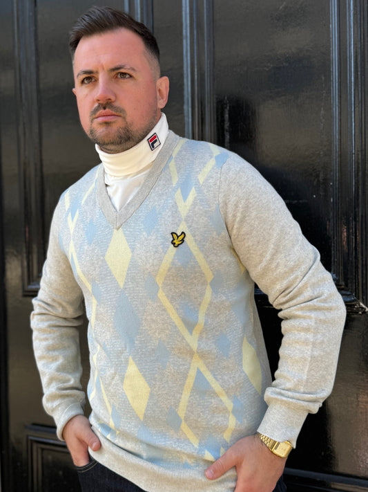 Lyle & Scott Cotton Argyle V Neck Jumper Light Grey Marl/ Opal Blue
