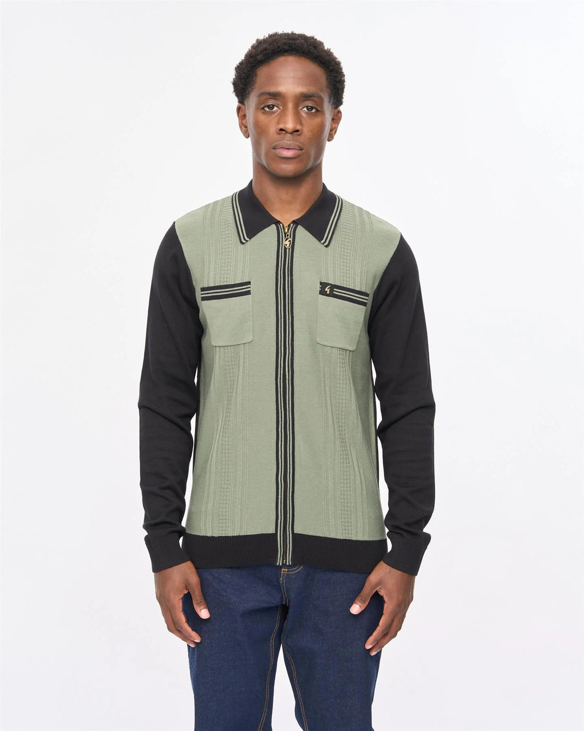 Gabicci Vintage Lucerne Long Sleeve Zip Knitted Polo Black