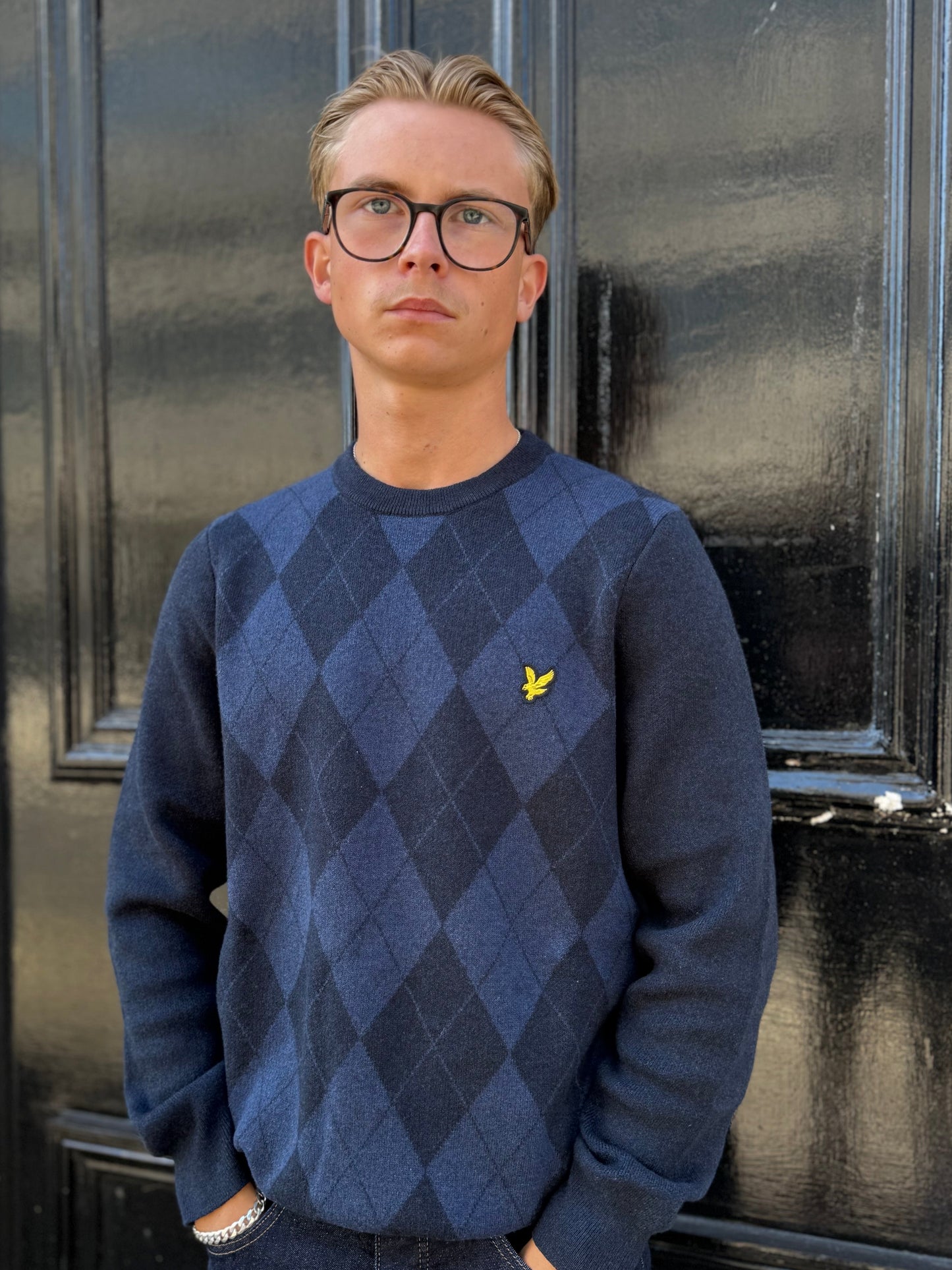 Lyle & Scott Cotton Merino Argyle Jumper Dark Navy Marl/Mid Navy Marl