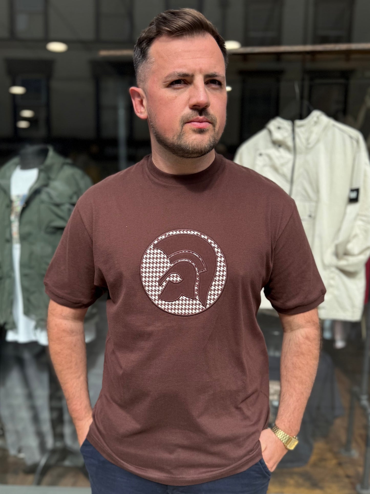 Trojan Applique Houndstooth Jacquard Tee Chocolate