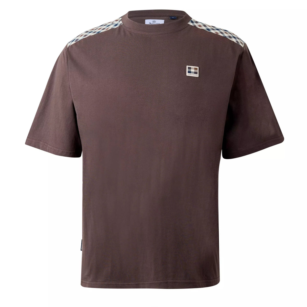 Aquascutum active check shoulder T-shirt in chocolate with a stylish check pattern and classic fit.