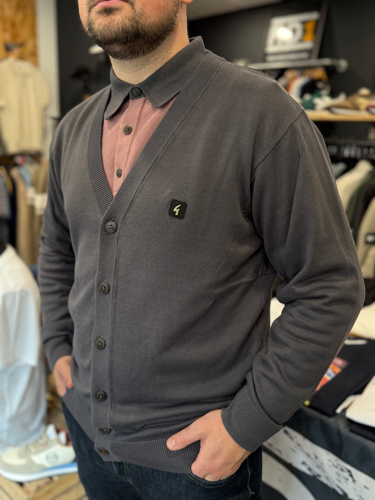 Gabicci Vintage Macklin Longsleeve Button Through Cardigan Charcoal