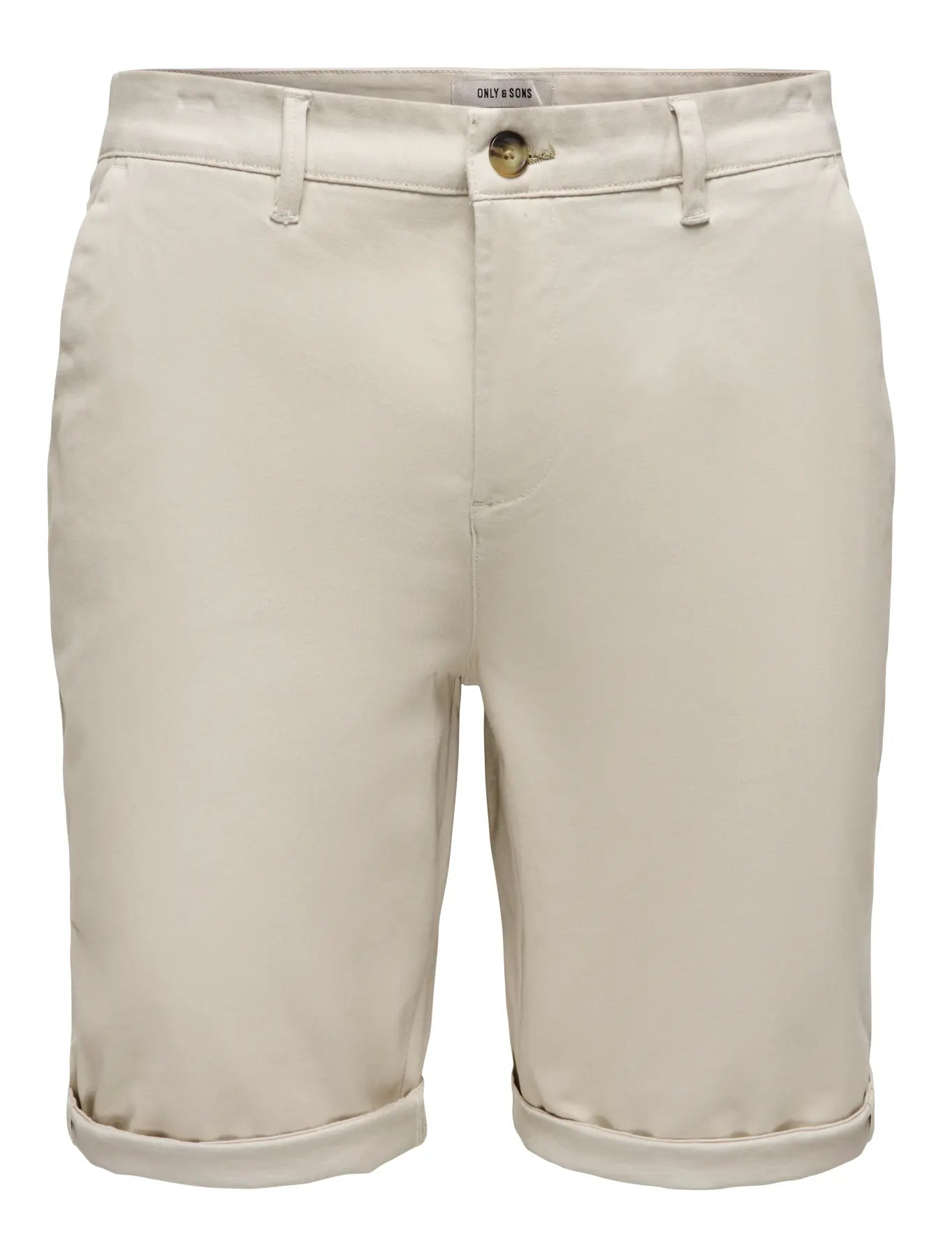 Only & Sons Onssaul chino shorts in silver lining color, shown in a casual fit with front pockets and belt loops.