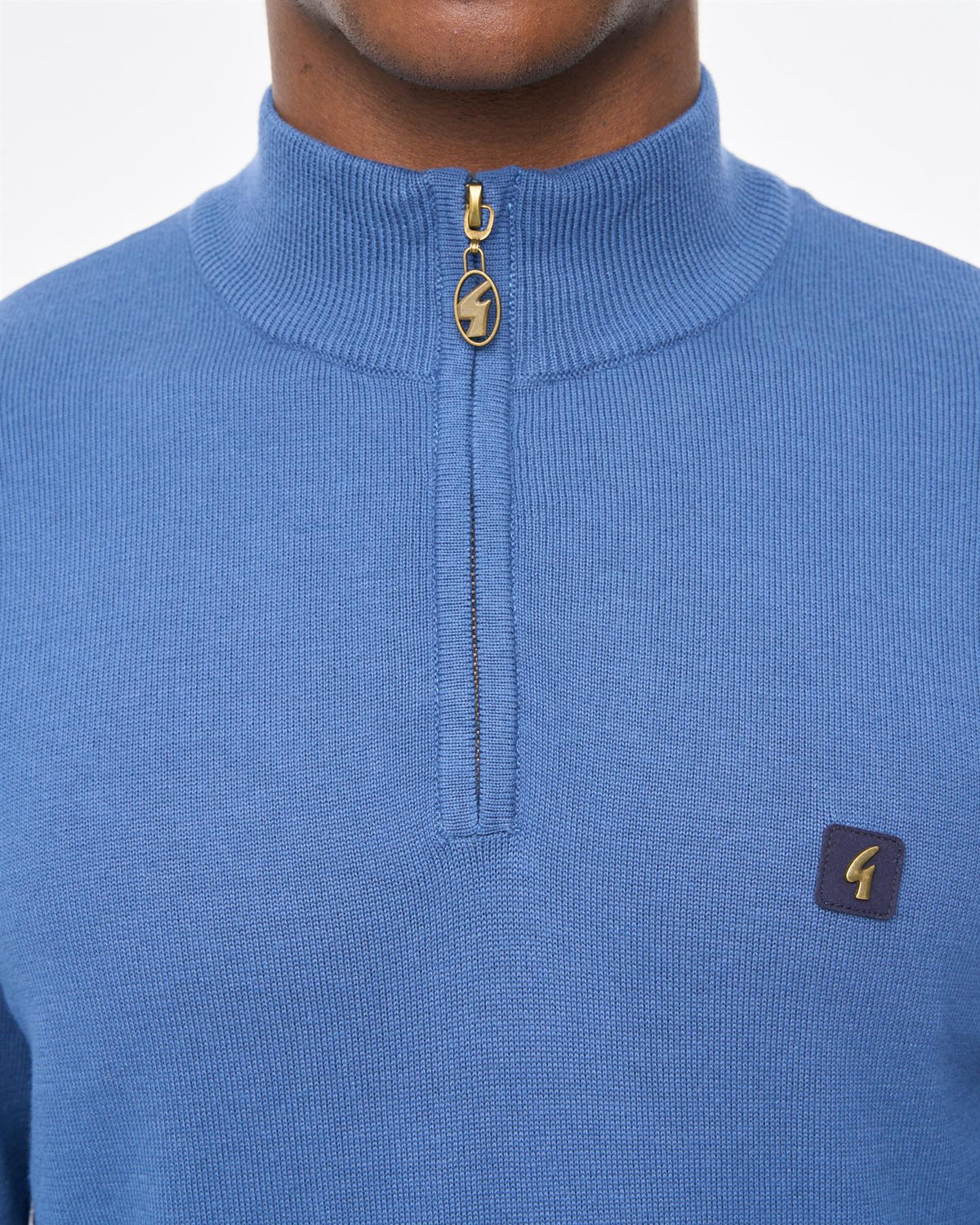 Gabicci Vintage Naxton quarter zip jumper in Airforce color, featuring a stylish collar and textured knit fabric.