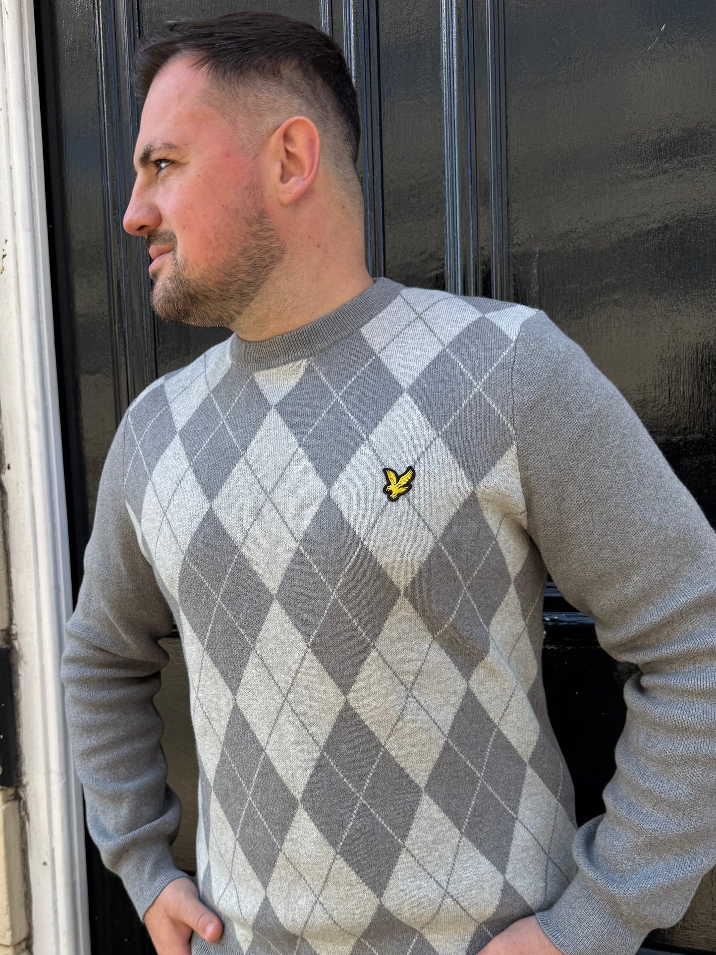 Lyle & Scott Cotton Merino Argyle Jumper Mid Grey Marl / Light Grey Marl