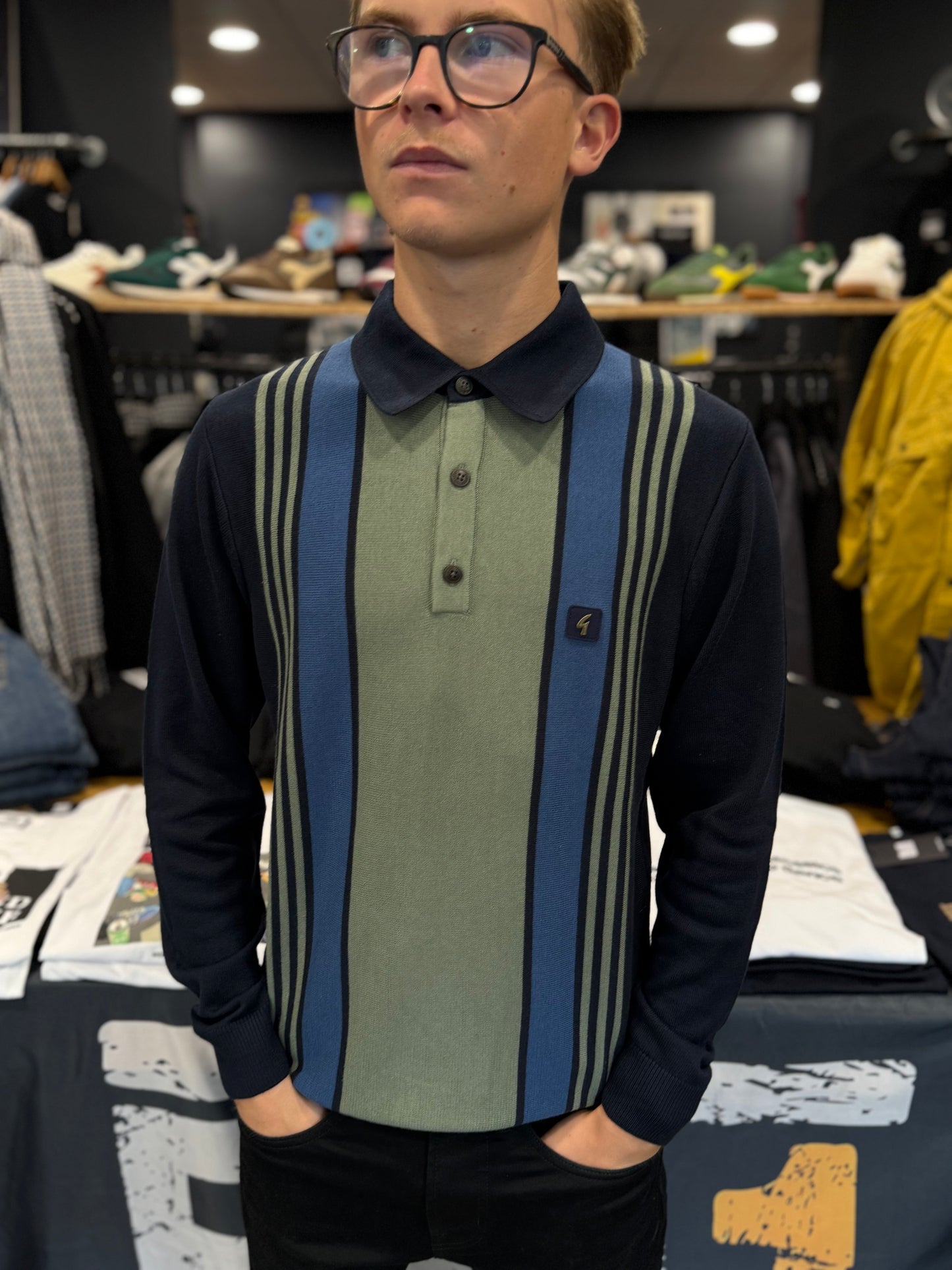 Gabicci Vintage Searle Stripe Knitted Polo Navy