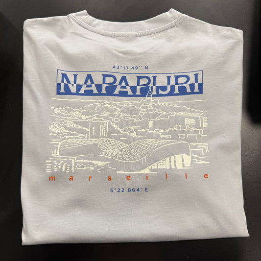 Greyblu Napapijri Mirada Back Graphic T-Shirt with bold back logo design, casual men's apparel for everyday wear.