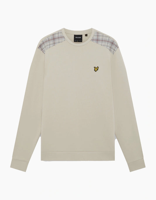 Lyle & Scott check panelled crewneck sweatshirt in navy and green, featuring a classic crewneck design and contrasting check pattern.