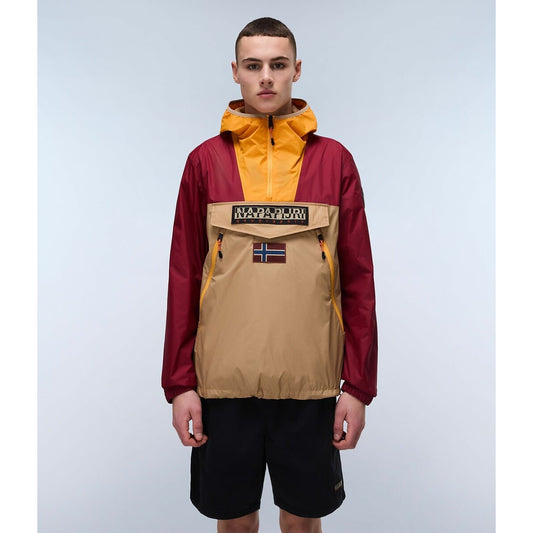 Napapijri Rainforest jacket in beige, red, and yellow with a zip front and logo patch, outdoor casual style.