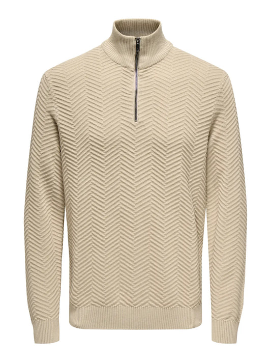 Only & Sons Onsmace Herringbone Half Zip Knitted Jumper Cream
