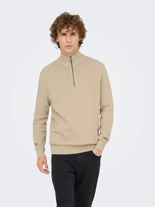 Only & Sons Onsmace Herringbone Half Zip Knitted Jumper Cream