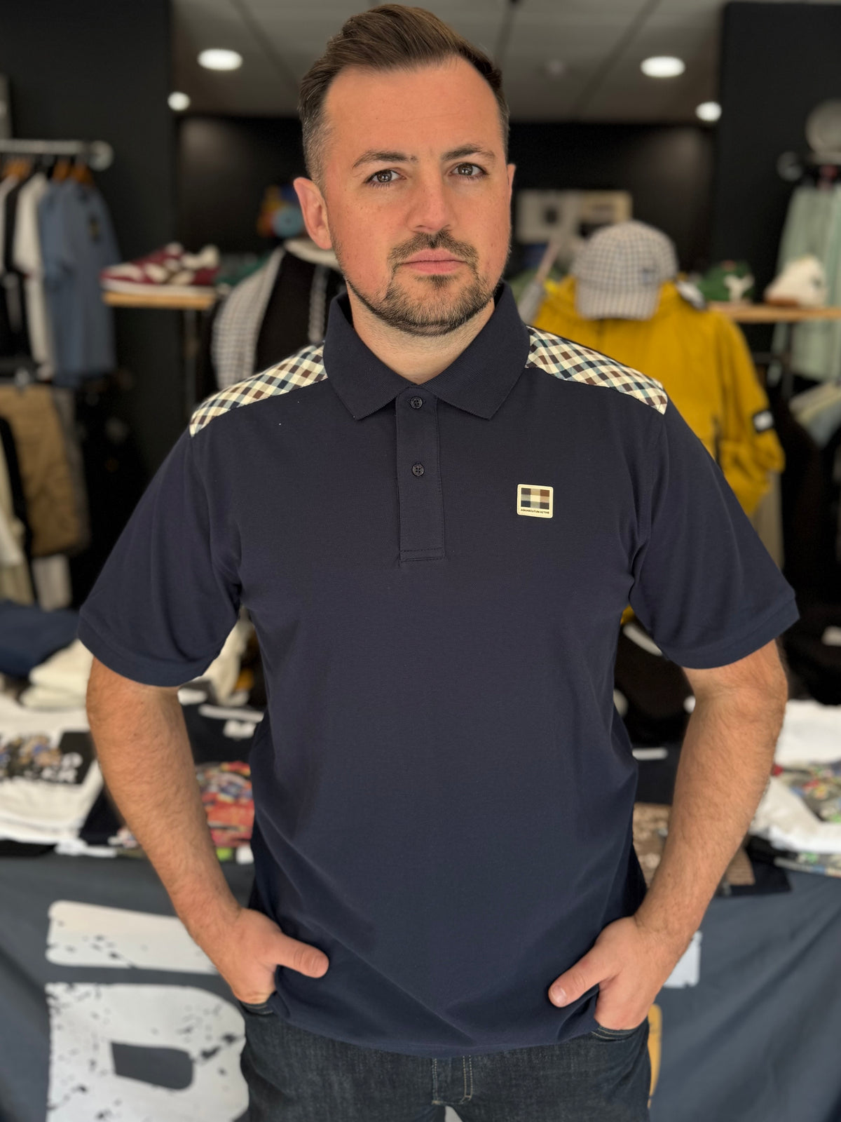 Aquascutum Active Check Shoulder Polo Navy