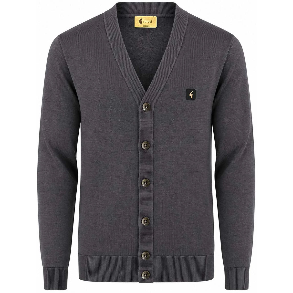 Gabicci Vintage Macklin charcoal long-sleeve button-through cardigan, knitwear with a classic design and ribbed cuffs.