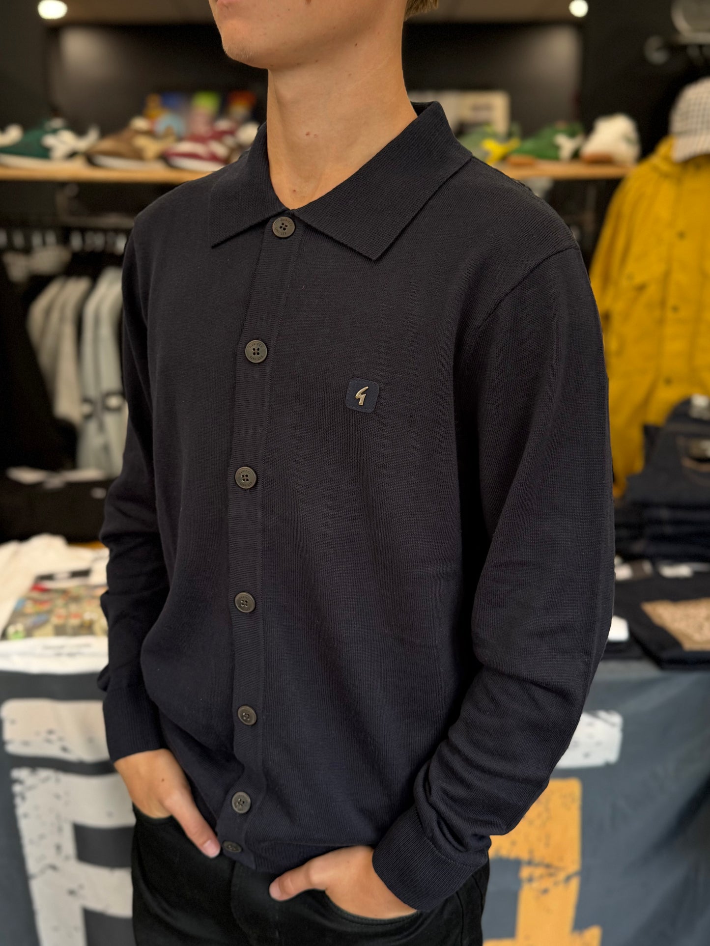 Gabicci Vintage Azima Button Through Long Sleeve Knitted Polo Navy