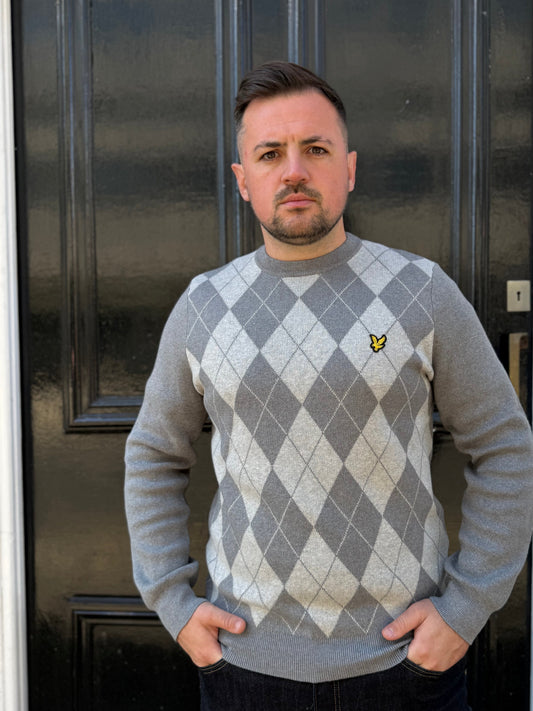 Lyle & Scott Cotton Merino Argyle Jumper Mid Grey Marl / Light Grey Marl