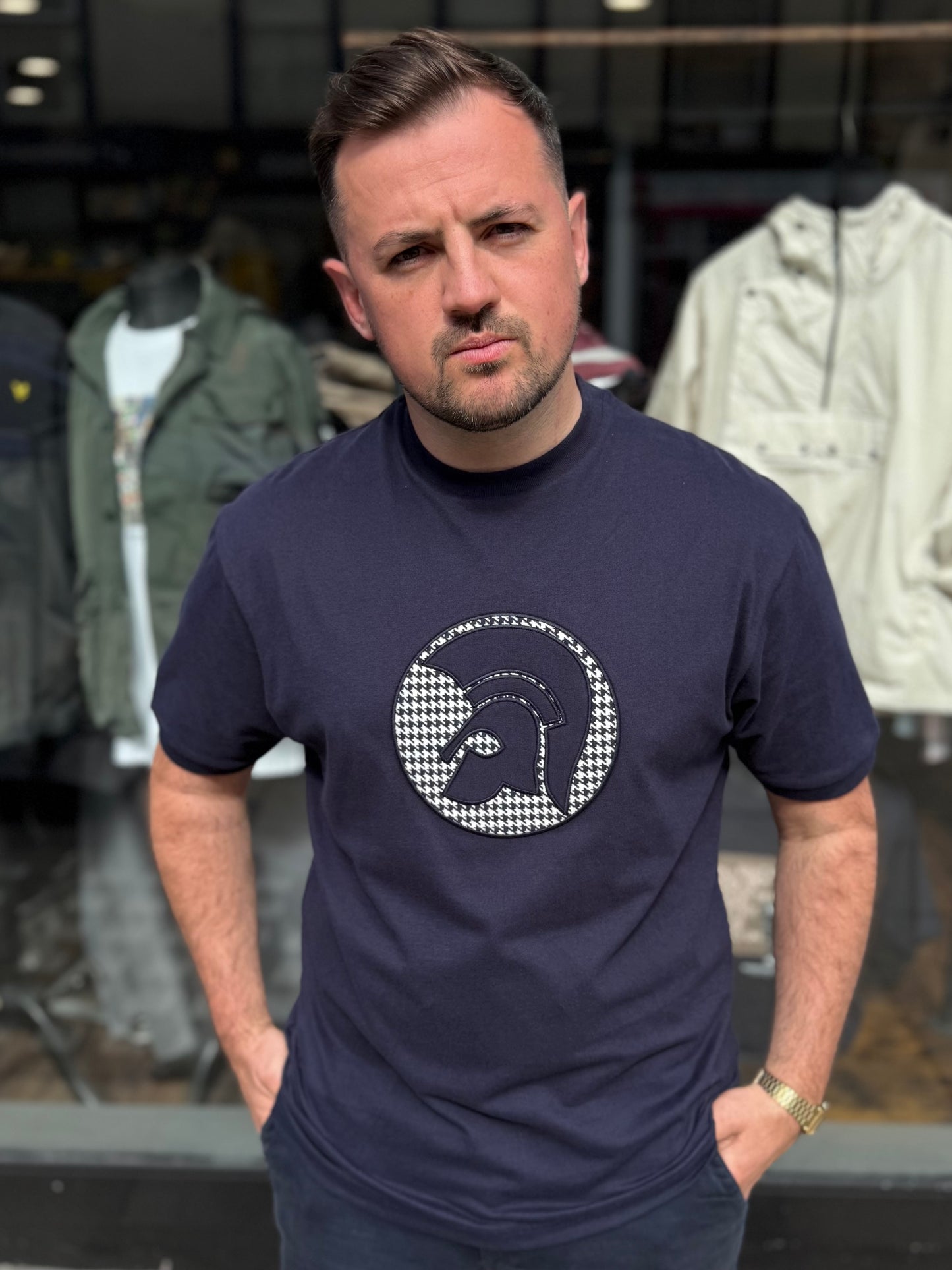 Trojan Applique Houndstooth Jacquard Tee Navy