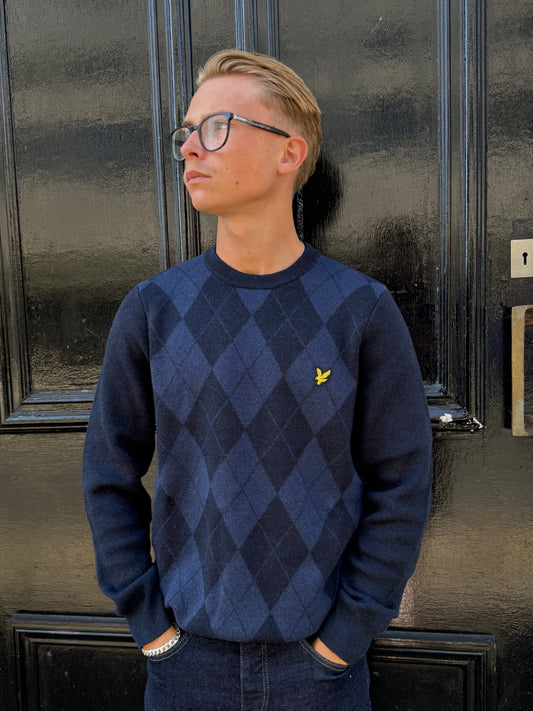 Lyle & Scott Cotton Merino Argyle Jumper Dark Navy Marl/Mid Navy Marl