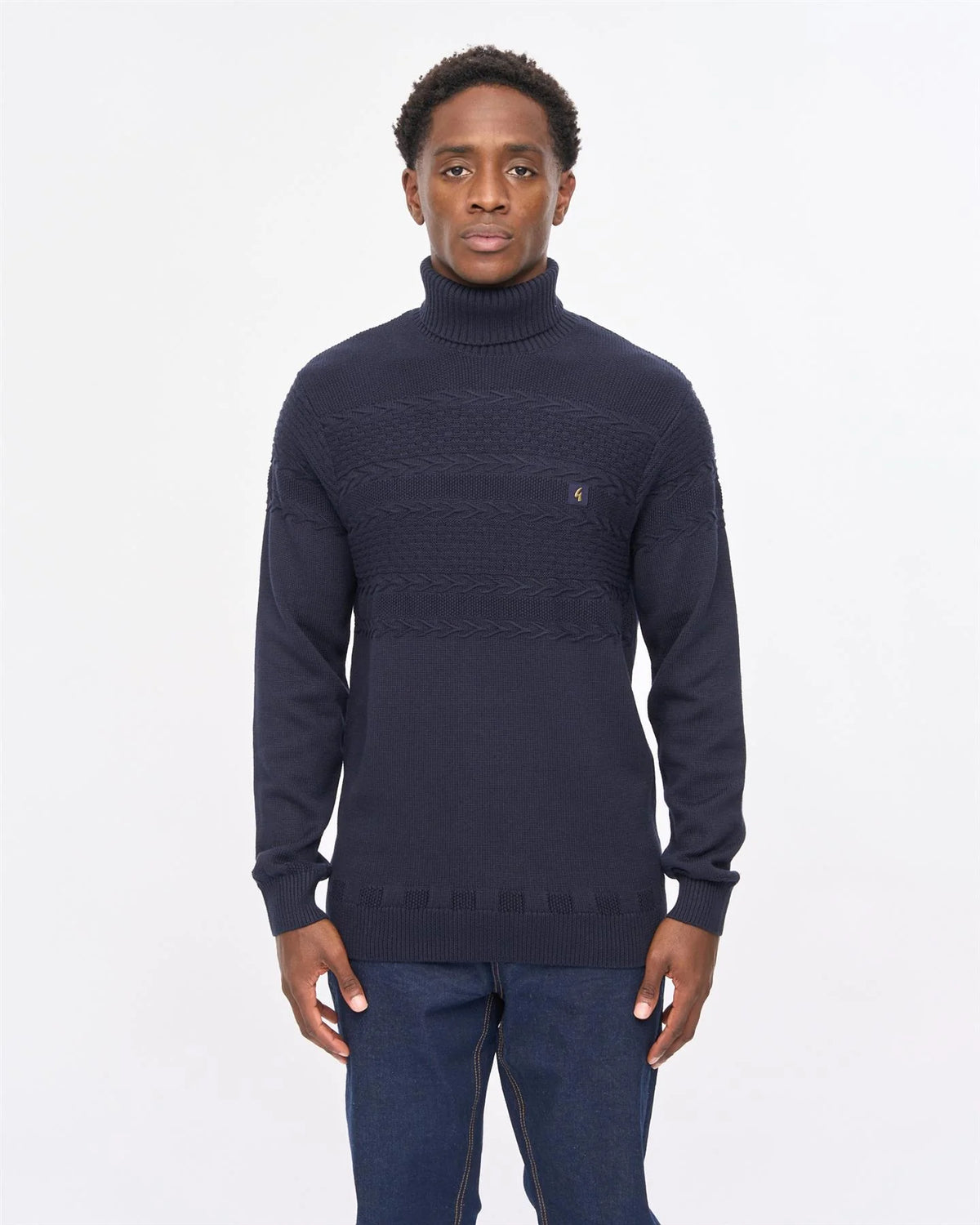 Gabicci Vintage Emilio navy long sleeve roll neck knit jumper, close-up of the textured fabric and classic design.