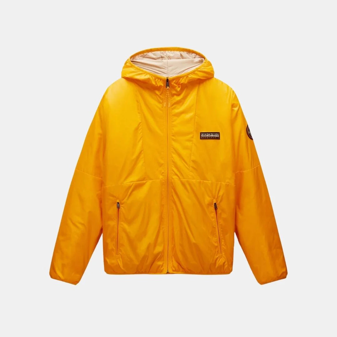 Bright orange Napapijri A-Thur jacket with a hood and zip closure, displayed on a hanger against a plain background.