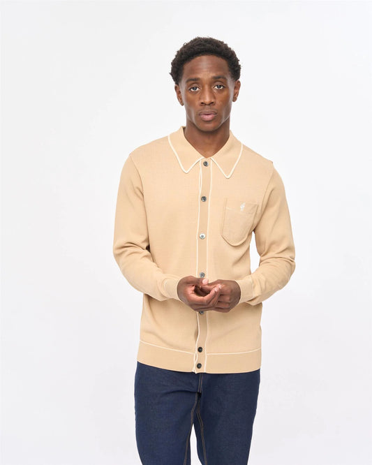 Gabicci Vintage Archive Di Lello Long Sleeve Knitted Polo Shirt in Caramel