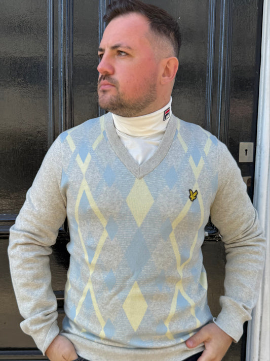 Lyle & Scott Cotton Argyle V Neck Jumper Light Grey Marl/ Opal Blue