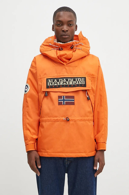 Napapijri Skidoo 1990 orange anorak jacket with hood and zip closure, suitable for outdoor activities and cold weather.