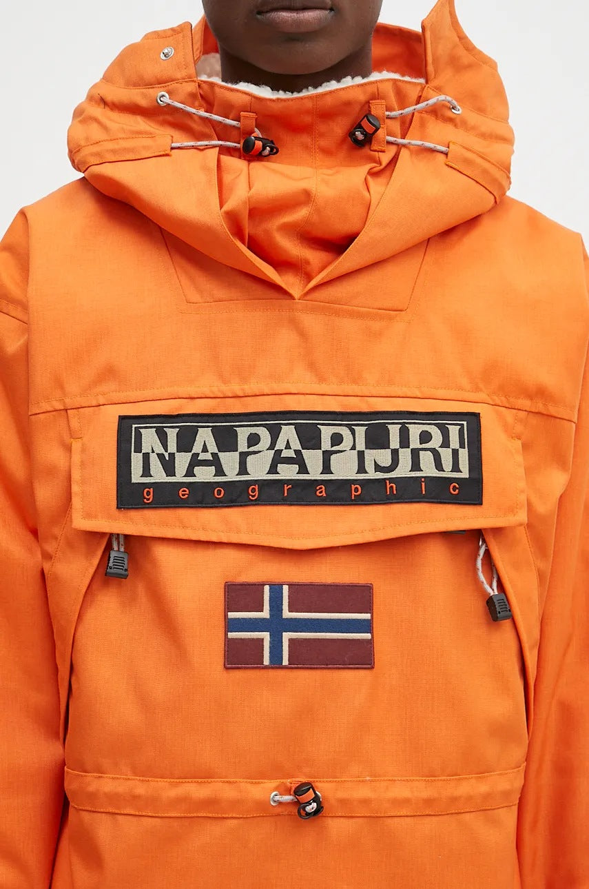 Napapijri Skidoo 1990 orange anorak jacket with hood, featuring winter-ready design and weather-resistant fabric.