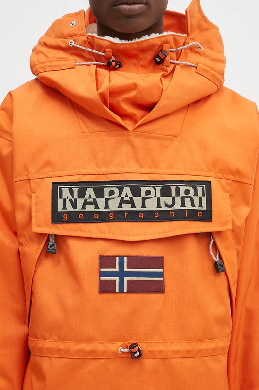 Napapijri Skidoo 1990 orange anorak jacket with hood, featuring winter-ready design and weather-resistant fabric.