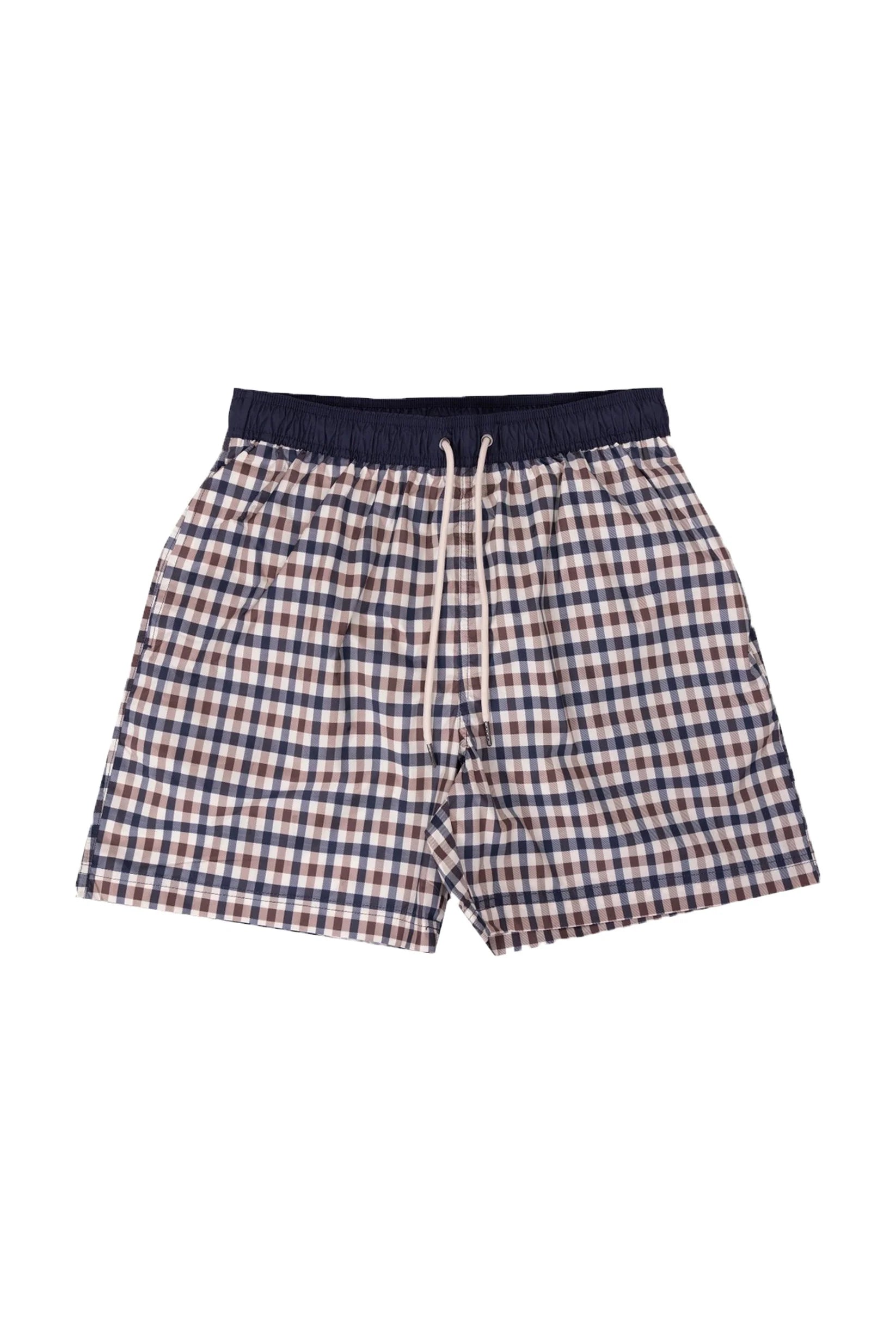 Aquascutum Iconic Volley swim shorts featuring a classic club check pattern, casual fit, and lightweight fabric.