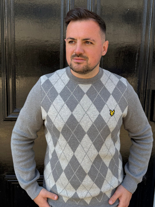 Lyle & Scott Cotton Merino Argyle Jumper Mid Grey Marl / Light Grey Marl
