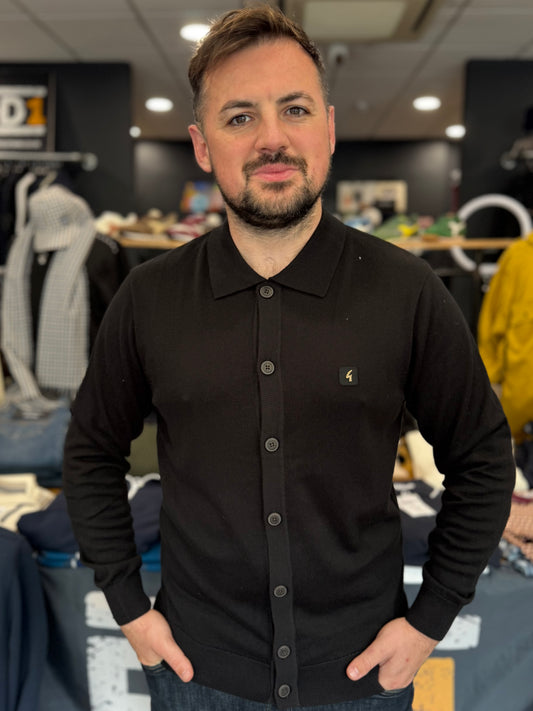 Gabicci Vintage Azima Button Through Long Sleeve Knitted Polo Black