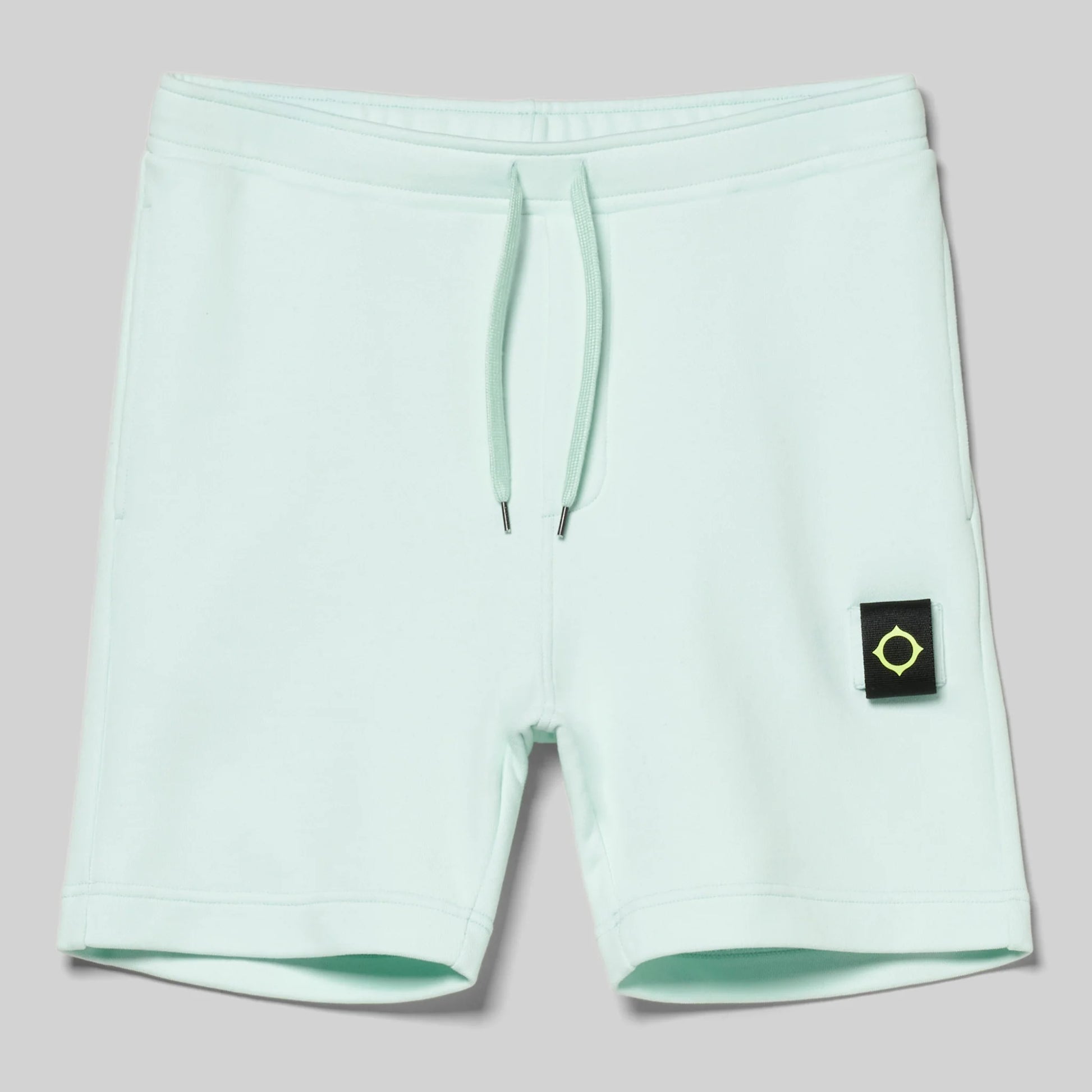 MA.Strum track shorts in frosty color, lightweight athletic shorts with elastic waistband and side pockets, designed for active wear.