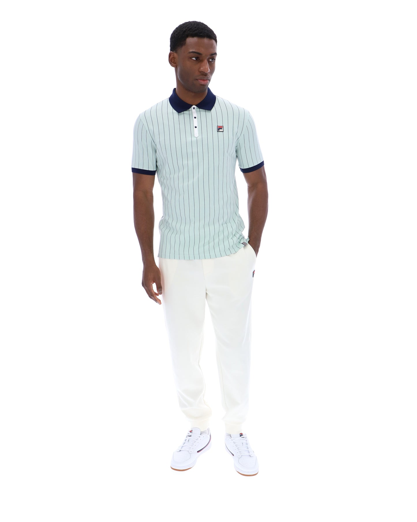 Fila Vintage BB1 Polo Shirt in surf spray, navy, and white, shown laid flat with collar and buttons visible.