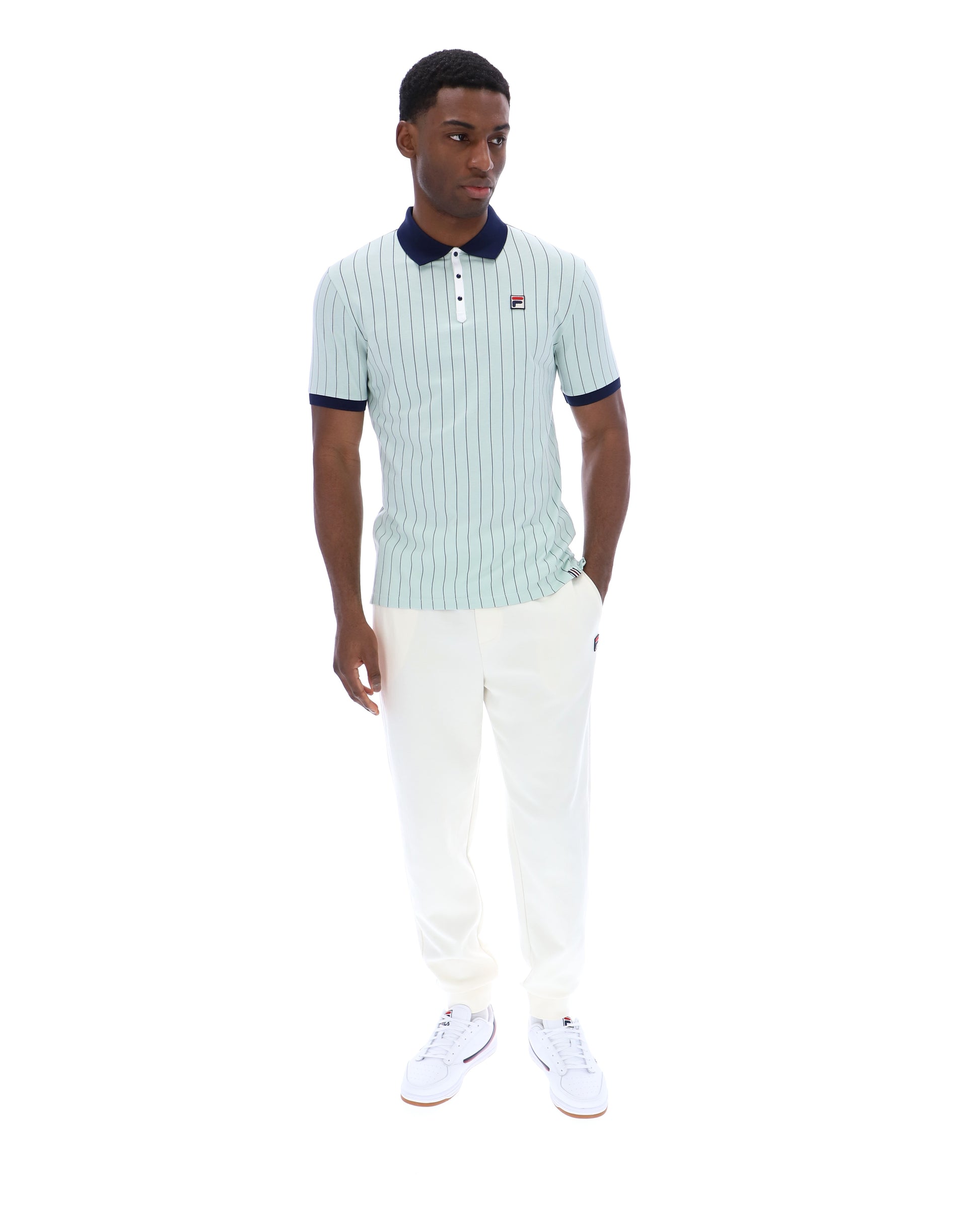 Fila Vintage BB1 Polo Shirt in surf spray, navy, and white, shown laid flat with collar and buttons visible.