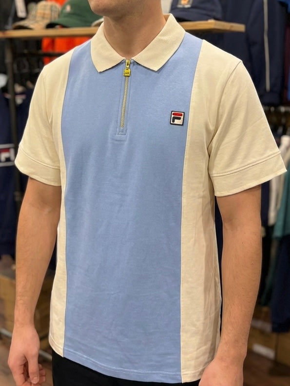 Fila Vintage Pierro Cut and Sew Zip Polo shirt in Gardenia and Frozen Fjord, featuring a classic collar and zip closure.