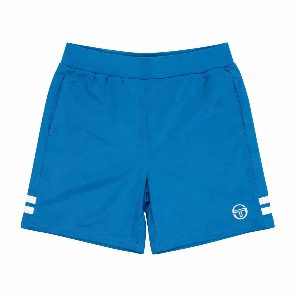 Bright blue Sergio Tacchini New Orion athletic shorts with white accents, laid flat on a white background.