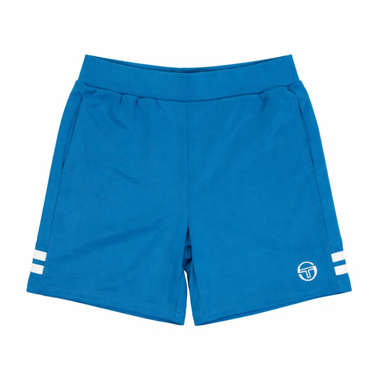 Bright blue Sergio Tacchini New Orion athletic shorts with white accents, laid flat on a neutral background.