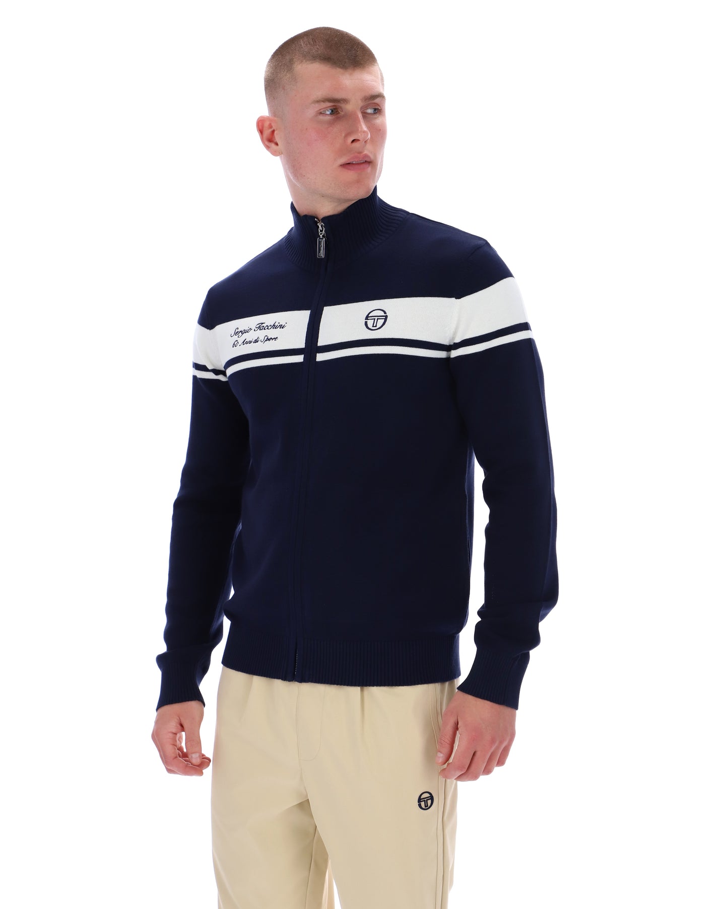 Sergio Tacchini 60th Anniversary Capomasters Track Top in maritime blue and gardenia, sporty design with zip front and logo details.